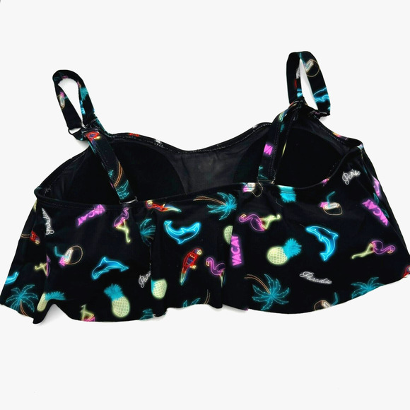 TORRID Women Large Black Neon Light Flamingo Dolphin Tropical Flounce Bikini Top - Picture 4 of 10